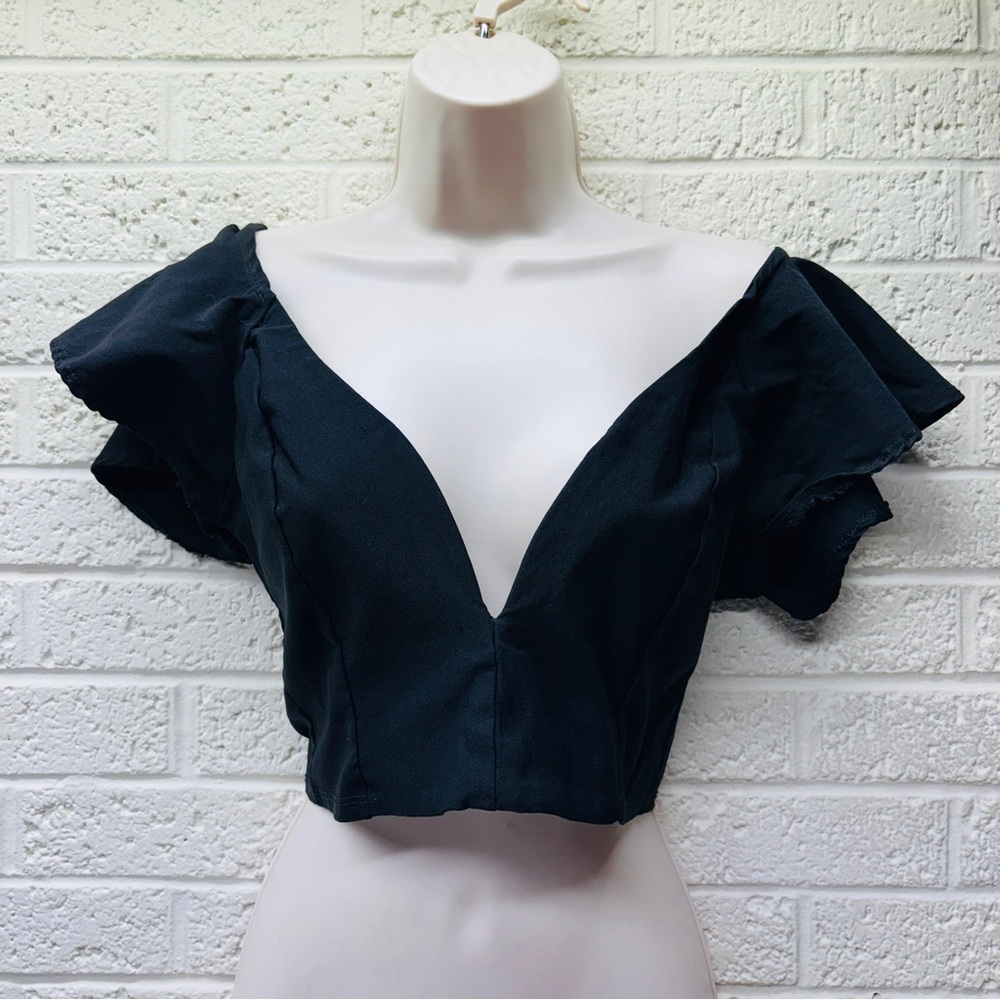 SOLEMIO Los Angeles Sz L Black V-Neck Off Shoulder Cropped Top USA Made • VG‼